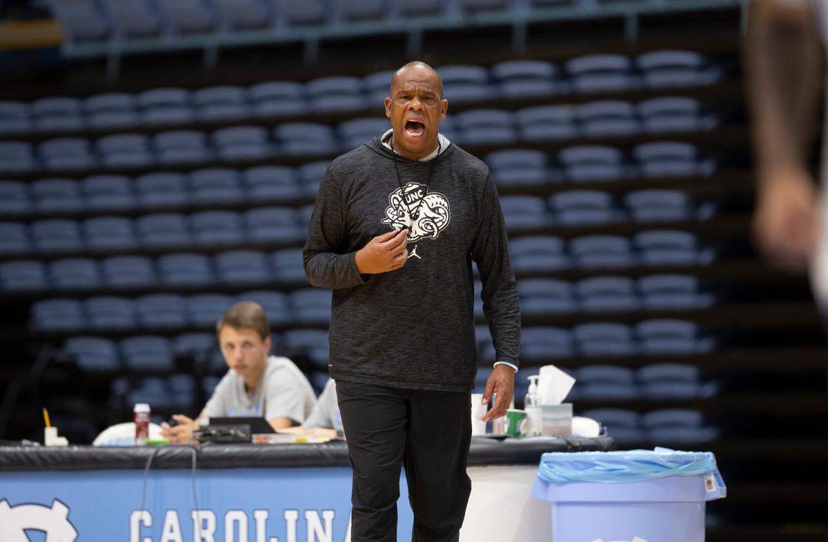 North Carolina coach Hubert Davis directs his team during their practice on Friday, October 6, 2023 at the Dean Smith Center in Chapel Hill, N.C.