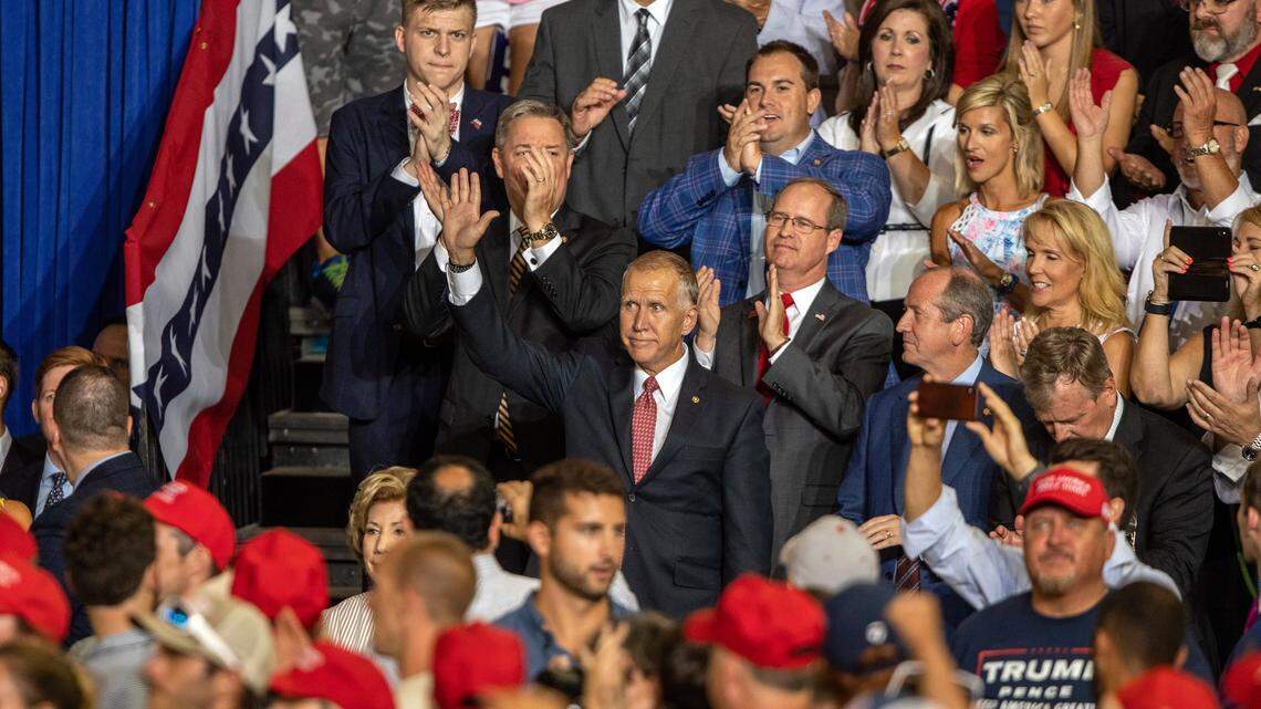 Sen. Thom Tills waves to the crowd during a campaign rally for President Donald Trump Wednesday, July 17, 2019 at East Carolina University in Greenville, NC.
