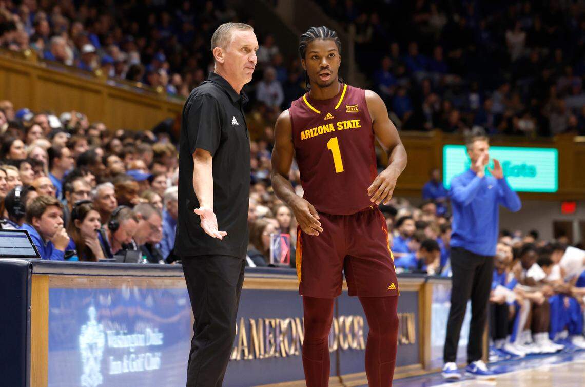 Arizona State head coach Bobby Hurley talks with Alston Mason (1) during the first half of Duke’s game against Arizona State in the Brotherhood Run Charity Game at Cameron Indoor Stadium in Durham, N.C., Sunday, Oct. 27, 2024.