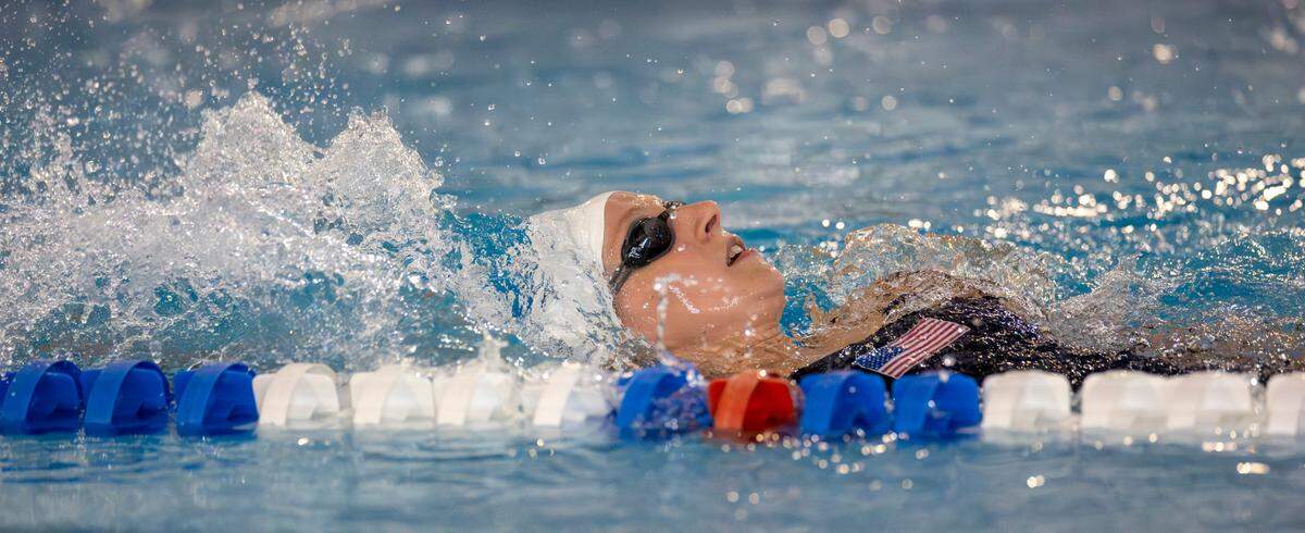 Olympic gold medalist Katie Ledecky swims laps during the 2024 United States Olympic Swim Team practice on Saturday, July 6, 2024 at the Triangle Aquatic Center in Cary, N.C.