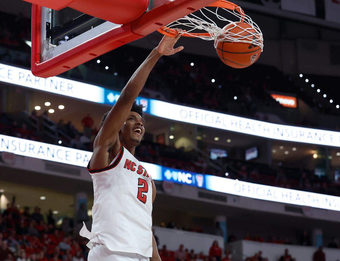 N.C. State’s Paul McNeil slams in two during the second half of the Wolfpack’s 85-73 win over Wake Forest on Saturday, Feb. 22, 2025, at Lenovo Center in Raleigh, N.C.