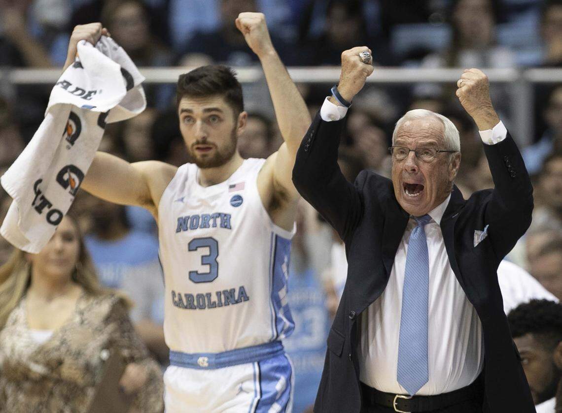North Carolina coach Roy Williams directs his players during the first half against Gardner-Webb on Friday, November 15, 2019 at the Smith Center in Chapel Hill, N.C.