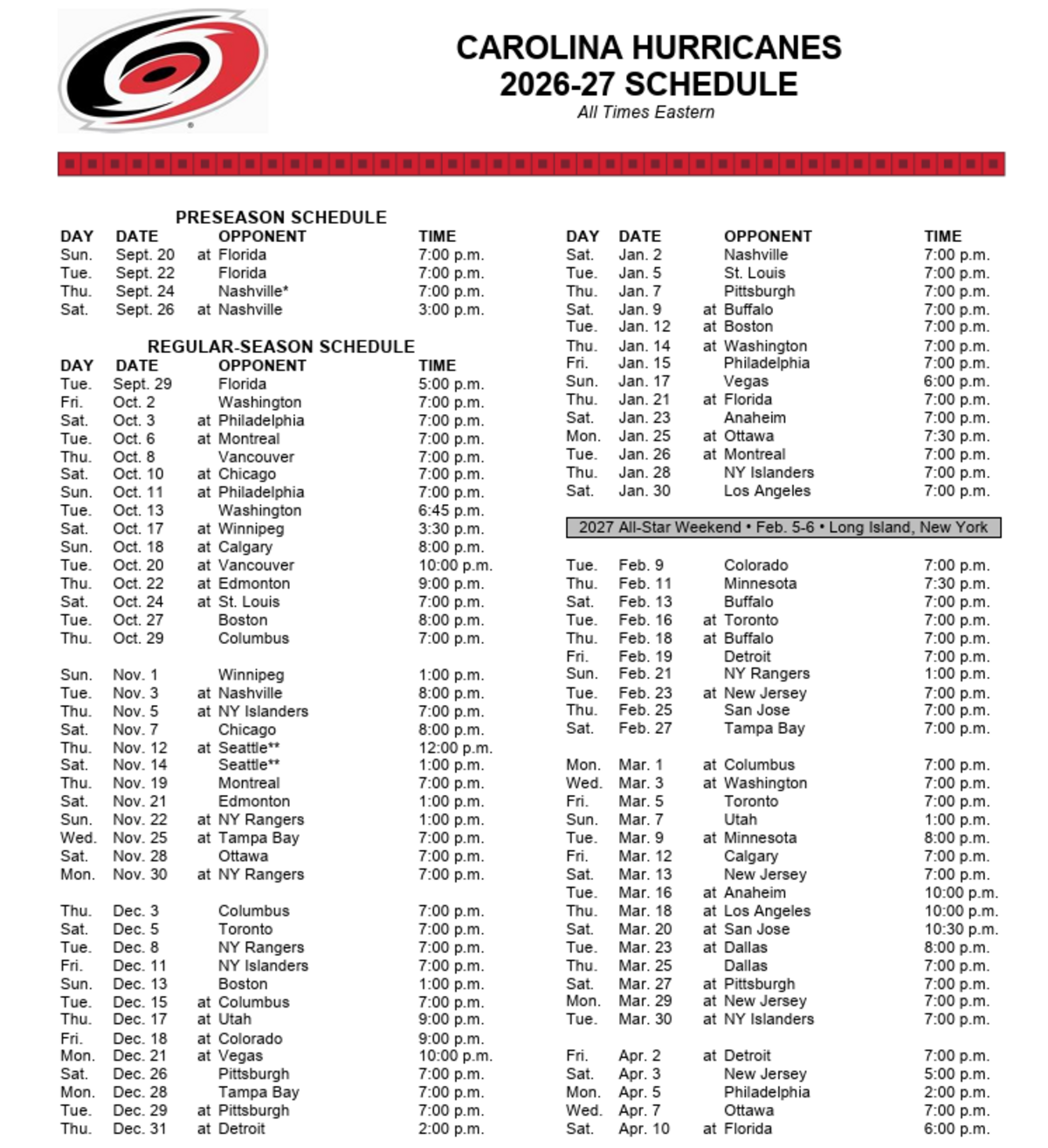 The Carolina Hurricanes’ full 2026-27 NHL schedule