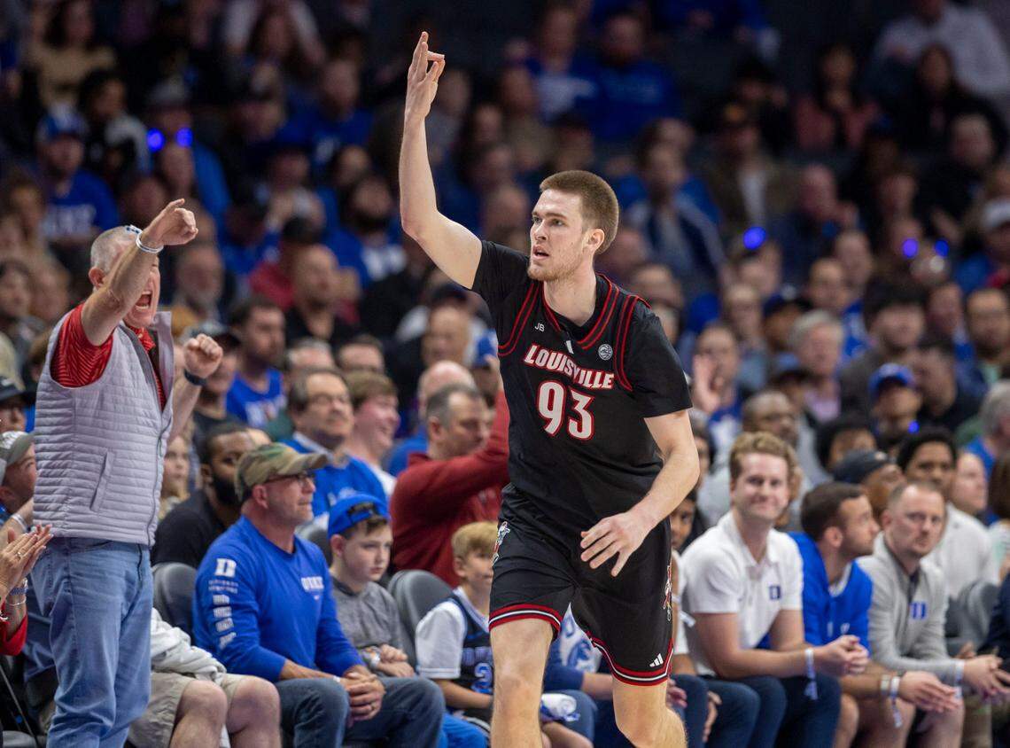 Louisville’s Noah Waterman (93) reacts after sinking a three-point basket in the first half against Duke on Saturday, March 15, 2025 during the ACC Tournament Championship at Spectrum Center in Charlotte, N.C.