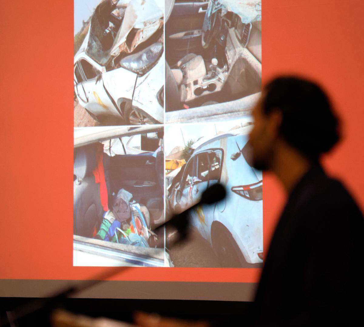 Sagi Gabay shows photos of his car while recounting surviving the October 7, 2023, attack on Israel by Hamas while attending the NOVA music festival. More than 380 people who attended the festival were killed. Gabay spoke during an October 7th Commemoration presented by the Jewish Federation of Greater Raleigh Monday, Oct. 7, 2024. Over 500 people gathered to commemorate the one year anniversary of the attack.