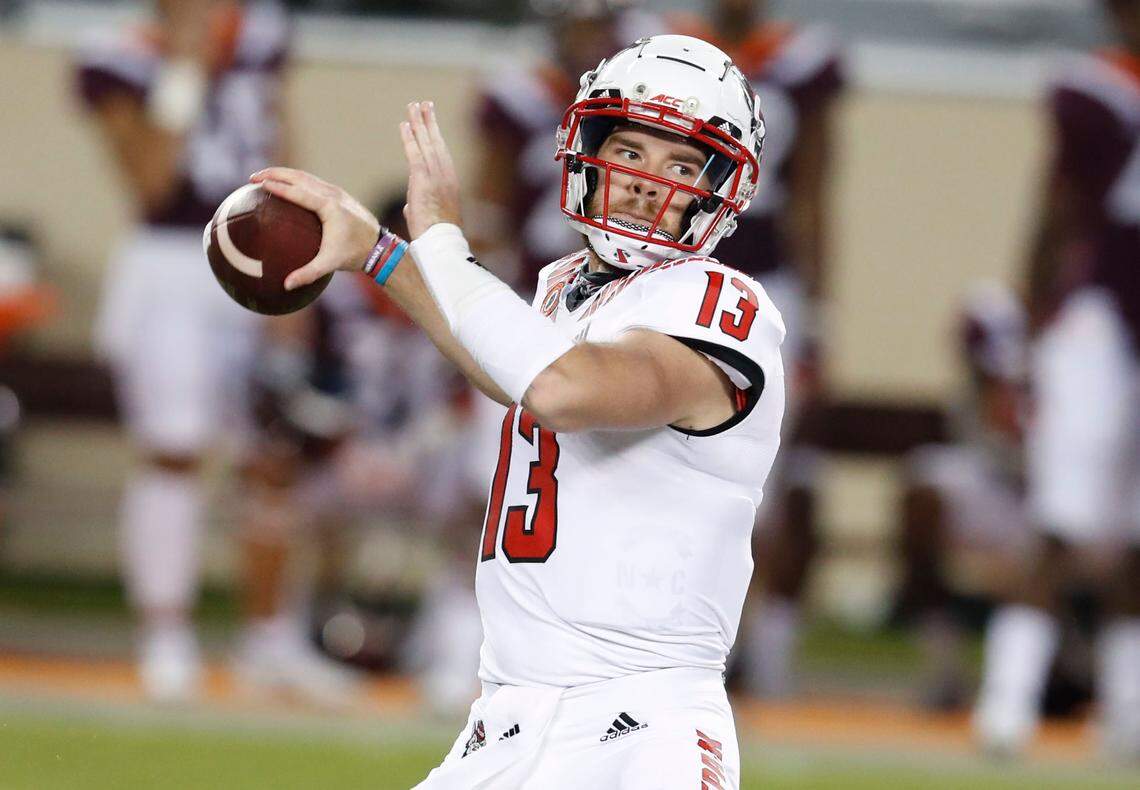 N.C. State quarterback Devin Leary (13) prepares to pass during the second half of Virginia Tech’s 45-24 victory over N.C. State at Lane Stadium in Blacksburg, VA Saturday, Sept. 26, 2020.