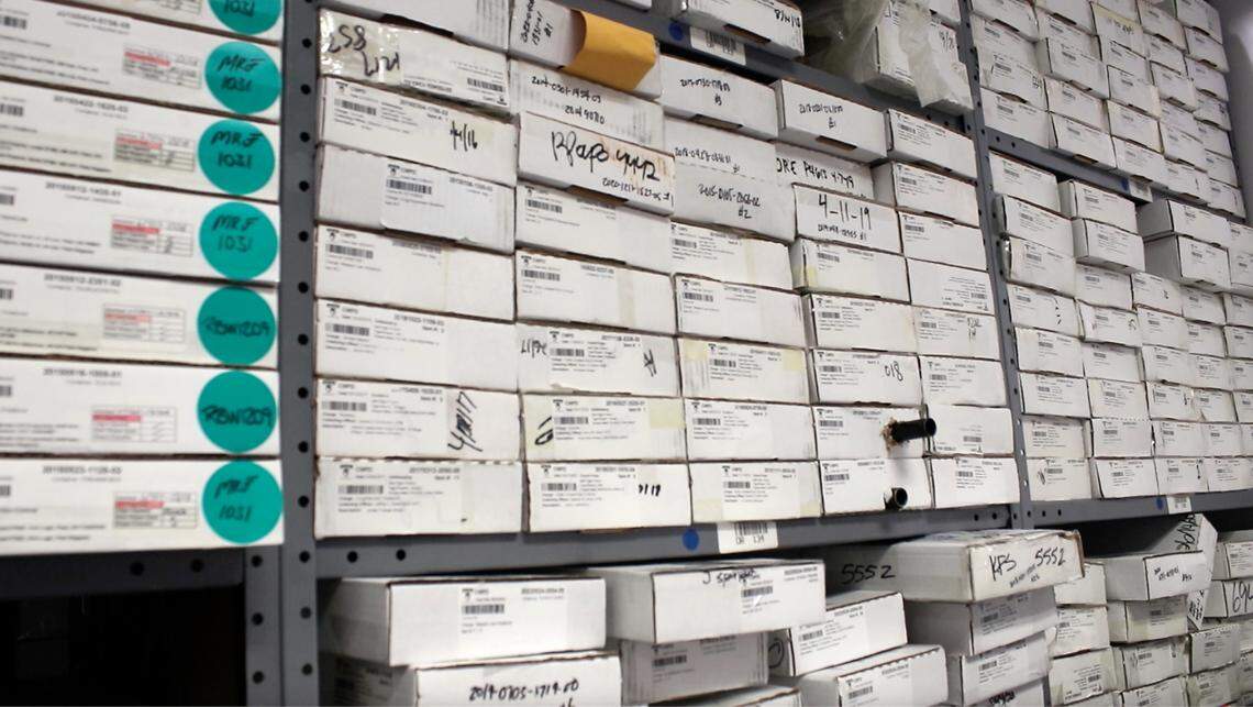 Boxes containing firearms stored as evidence at the Charlotte-Mecklenburg Police Department.