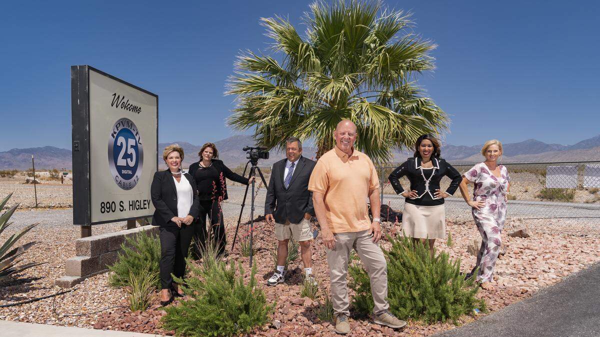 (L-R) From the HBO documentary series “Small Town News: KPVM Pahrump”: Missey Kohler, Deanna O’ Donnell, John Kohler, Vern Van Winkle, Eunette Gentry and Ronda Van Winkle.