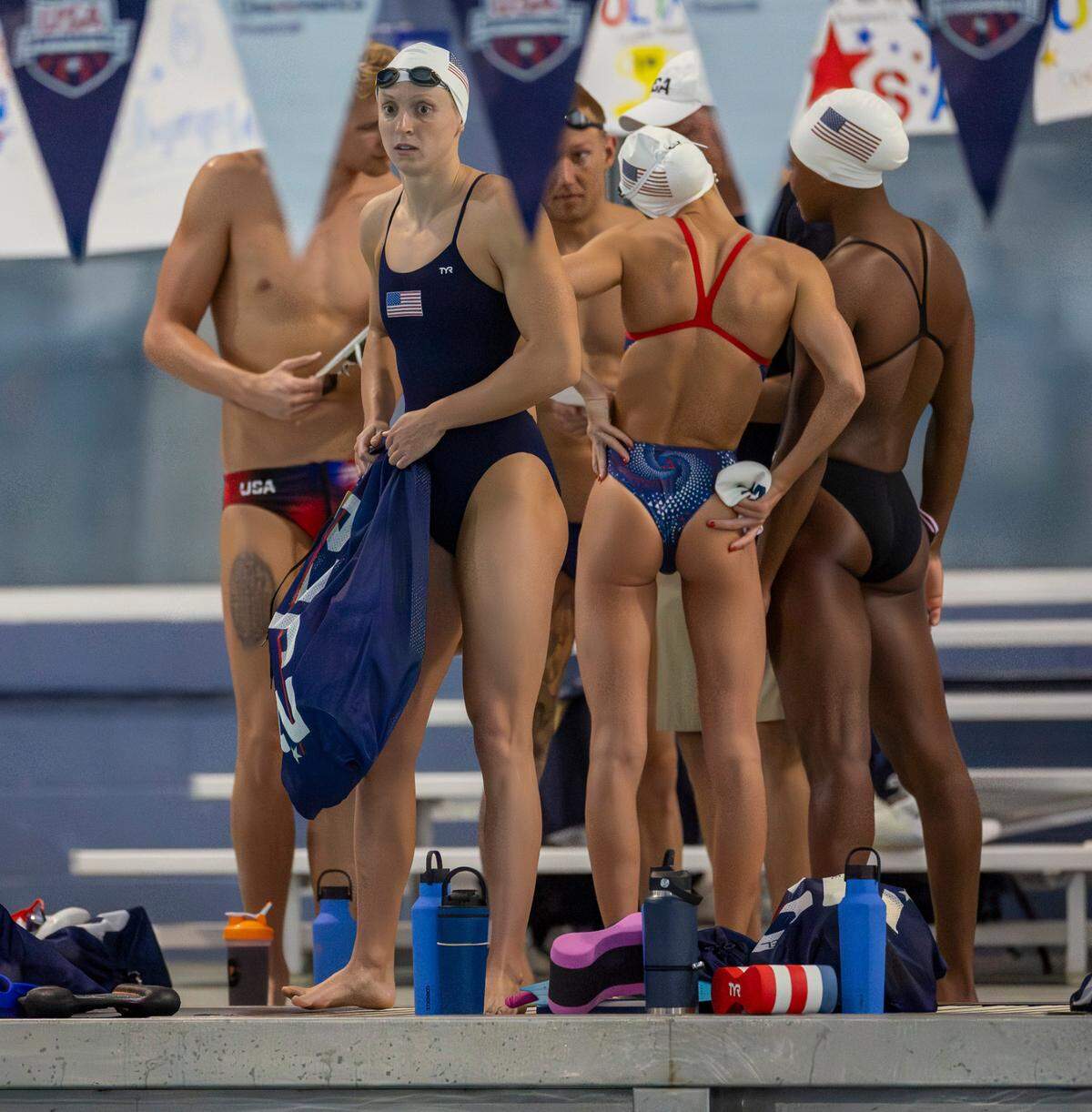 Olympic gold medalist Katie Ledecky prepares to enter the pool for the 2024 United States Olympic Swim Team practice on Saturday, July 6, 2024 at the Triangle Aquatic Center in Cary, N.C.