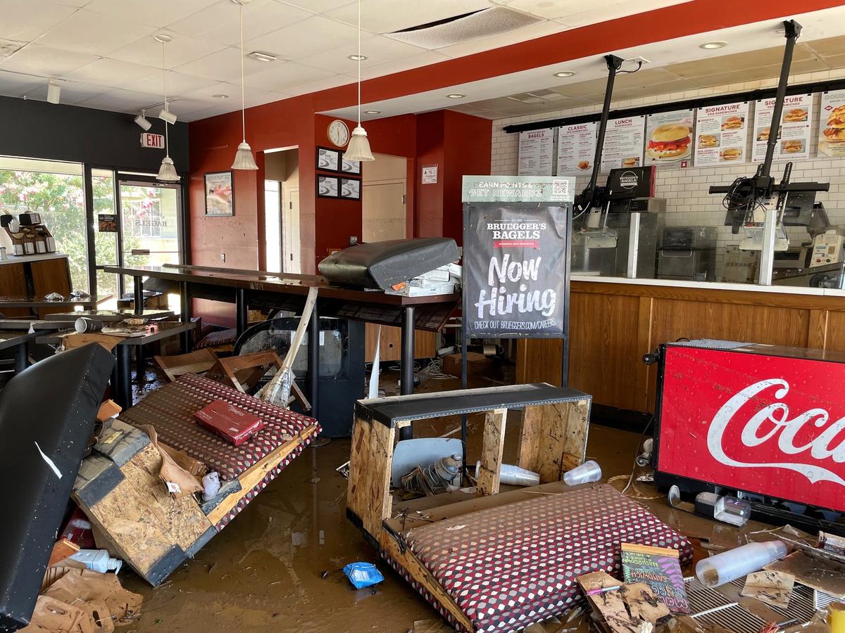 Bruegger’s Bagels in Eastgate Crossing shopping center and the Starbucks next door were a total loss Monday. Both were completely renovated following a 2018 flood, but a wall of water pushed over the Booker Creek bridge and inundated them Sunday, a worker said.