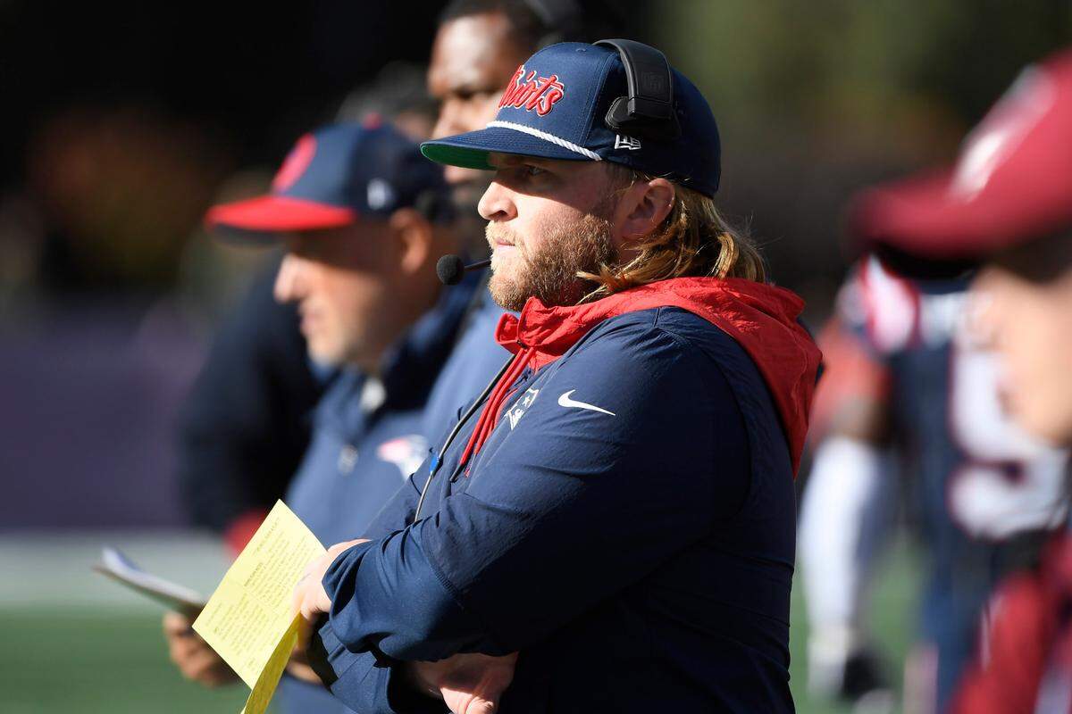 New England Patriots safeties coach Steve Belichick during the second half against the New Orleans Saints at Gillette Stadium in 2023.