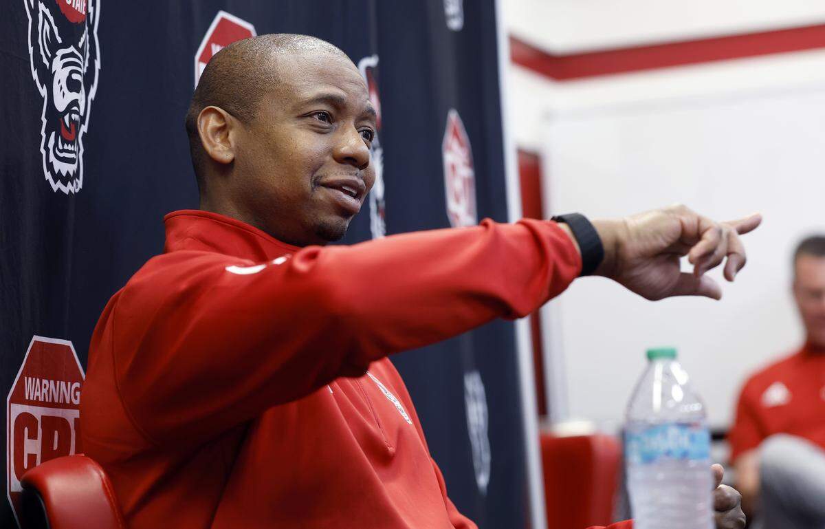 N.C. State head basketball coach Justin Gainey speaks during a media availability at the Dail Basketball Center in Raleigh, Thursday, May 14, 2026.