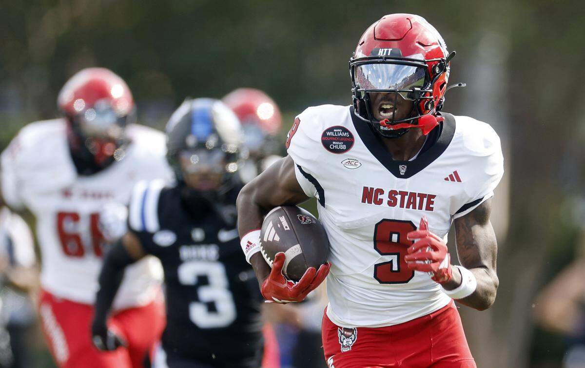 N.C. State wide receiver Terrell Anderson (9) runs for a 75-yard touchdown reception during the first half of N.C. State’s game against Duke at Wallace Wade Stadium in Durham, N.C., Sat. Sept. 20, 2025
