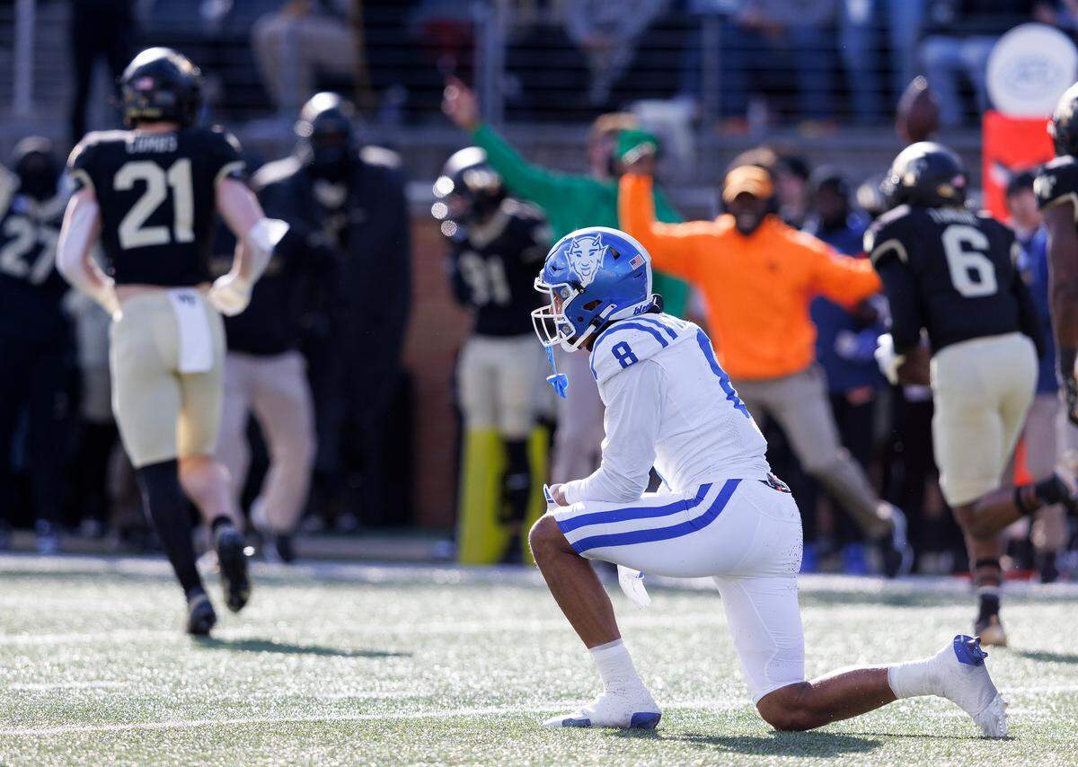 Duke’s Jordan Moore reacts after a Wake Forest interception during the first half of the Blue Devils’ game at Allegacy Stadium on Saturday, Nov. 30, 2024, in Winston-Salem, N.C.
