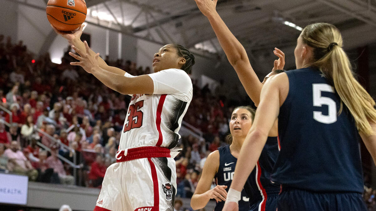 N.C. State’s Zoe Brooks drives to the basket during the first half of the Wolfpack’s game against UConn on Sunday, Nov. 12, 2023, at Reynolds Coliseum in Raleigh, N.C.