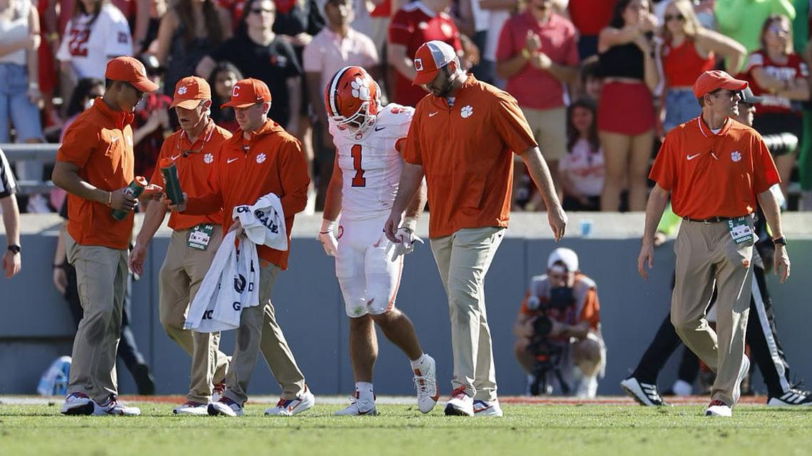 Clemson’s Will Shipley walks off the field after being injured in the second quarter against N.C. State.