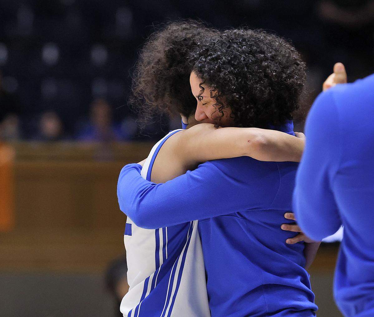 Duke’s Taina Mair hugs head coach Kara Lawson after checking out of the game late in the second half of the Blue Devils’ 69-46 second-round NCAA Tournament win on Sunday, March 22, 2026, at Cameron Indoor Stadium in Durham, N.C.