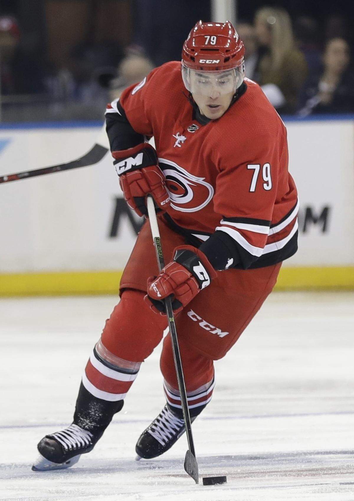 Carolina Hurricanes’ Micheal Ferland (79) during the first period of an NHL hockey game against the New York Rangers Friday, Feb. 8, 2019, in New York.