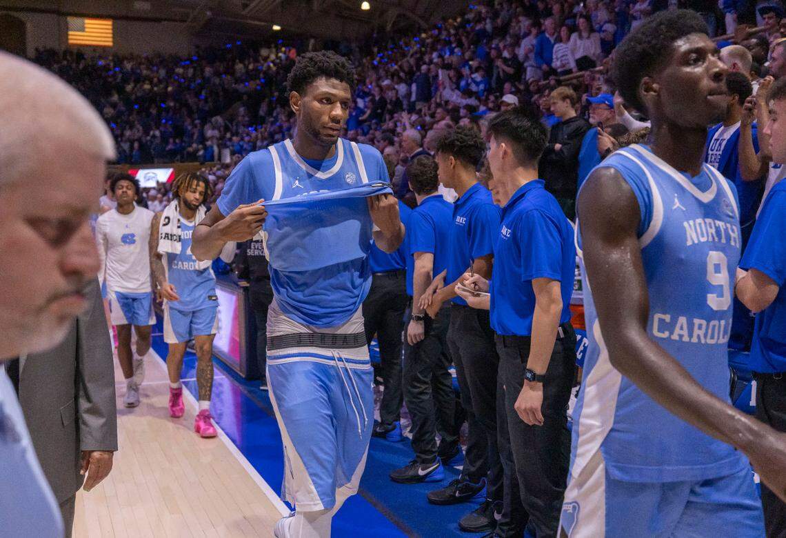 North Carolina forward Jalen Washington (13) leaves the court with his teammates following the Tar Heels’ 87-70 loss to Duke on Saturday, February 1, 2025 at Cameron Indoor Stadium in Durham, N.C.
