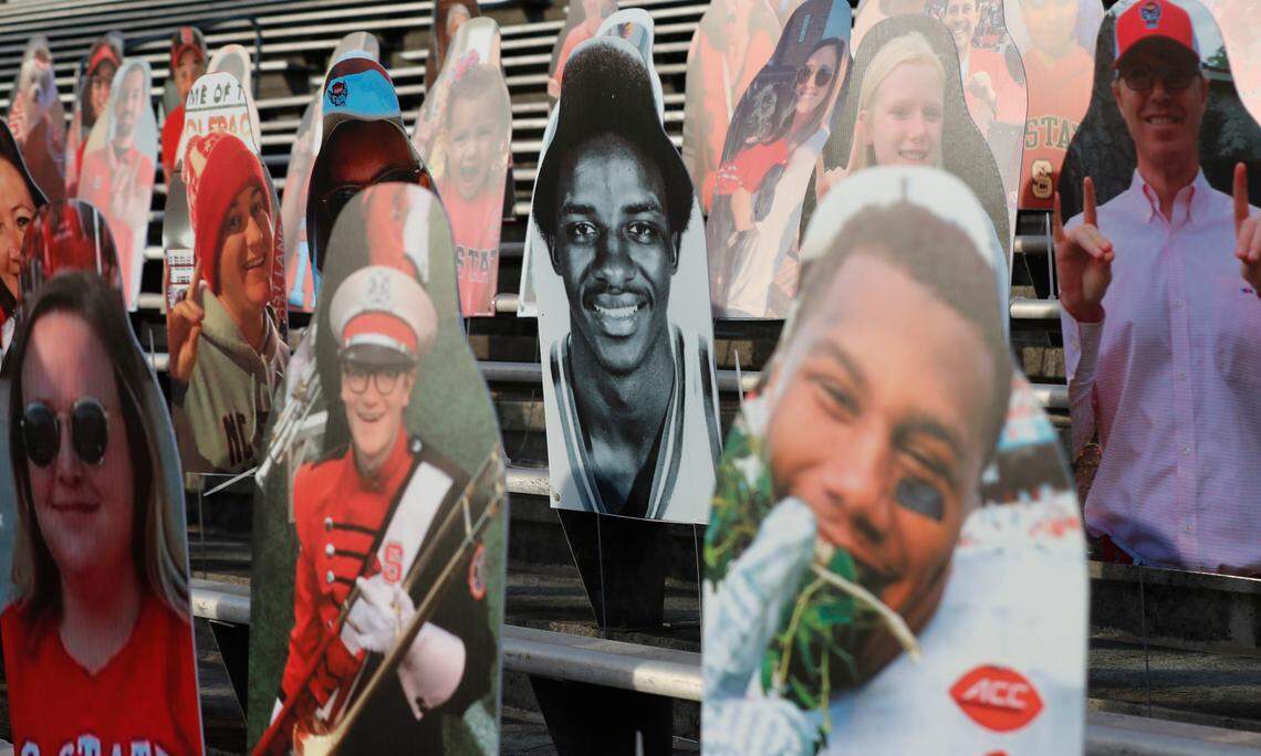 Wolfpack football fan cutouts watch over the field before N.C. State’s game against Wake Forest at Carter-Finley Stadium in Raleigh, N.C, Saturday, Sept. 19, 2020.