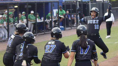 Duke outfielder D’Auna Jennings (10) celebrates as she runs to home plate after hitting a grand slam during the Blue Devils’ NCAA Tournament regional game against Marshall at Smith Family Stadium in Durham, North Carolina, on May 16, 2026.