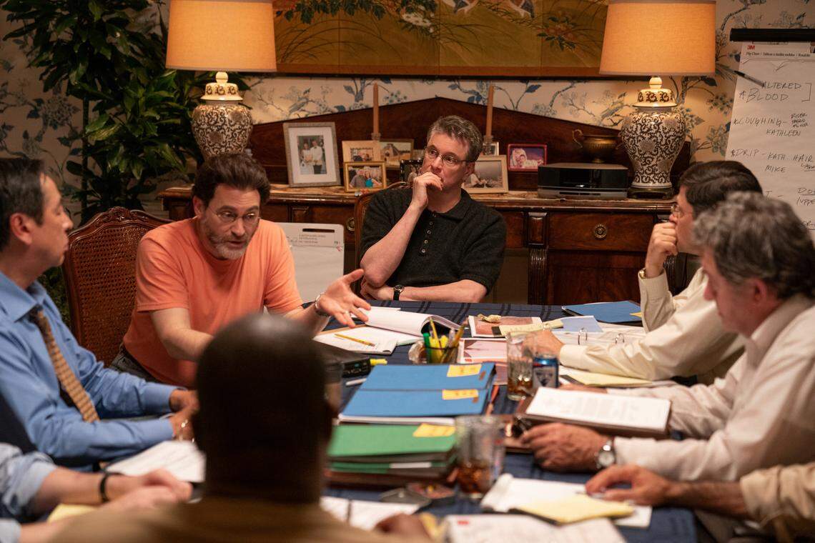 Michael Stuhlbarg as David Rudolf and Colin Firth as Michael Peterson in the HBO Max series “The Staircase.”