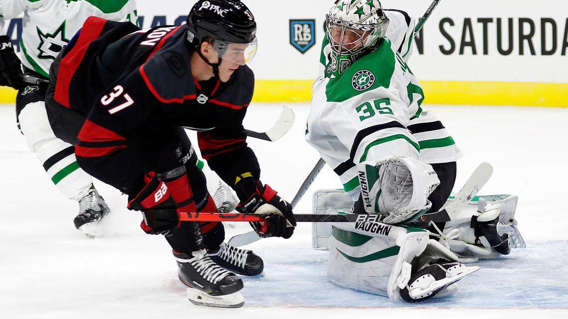 Carolina Hurricanes’ Andrei Svechnikov (37) shoots the puck past Dallas Stars goaltender Anton Khudobin (35) for a goal during the second period of an NHL hockey game in Raleigh, N.C., Saturday, Jan. 30, 2021. (AP Photo/Karl B DeBlaker)