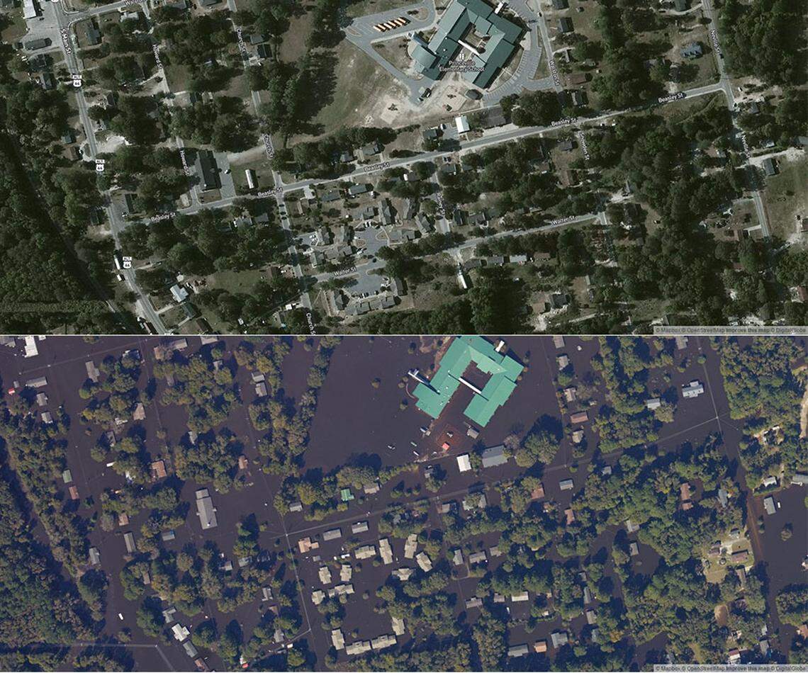 These before-and-after photos show flooding in Princeville caused by Hurricane Matthew in 2016.