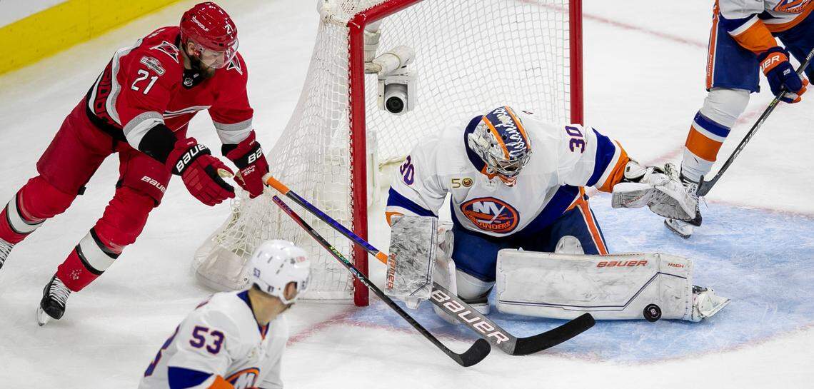 Carolina Hurricanes Derek Stepan (21) tries to score on New York Islanders’ goalie Ilya Sorokin (30) during the third period in game one of their Stanley Cup playoff series on Monday, April 17, 2023 at PNC Arena in Raleigh, N.C.