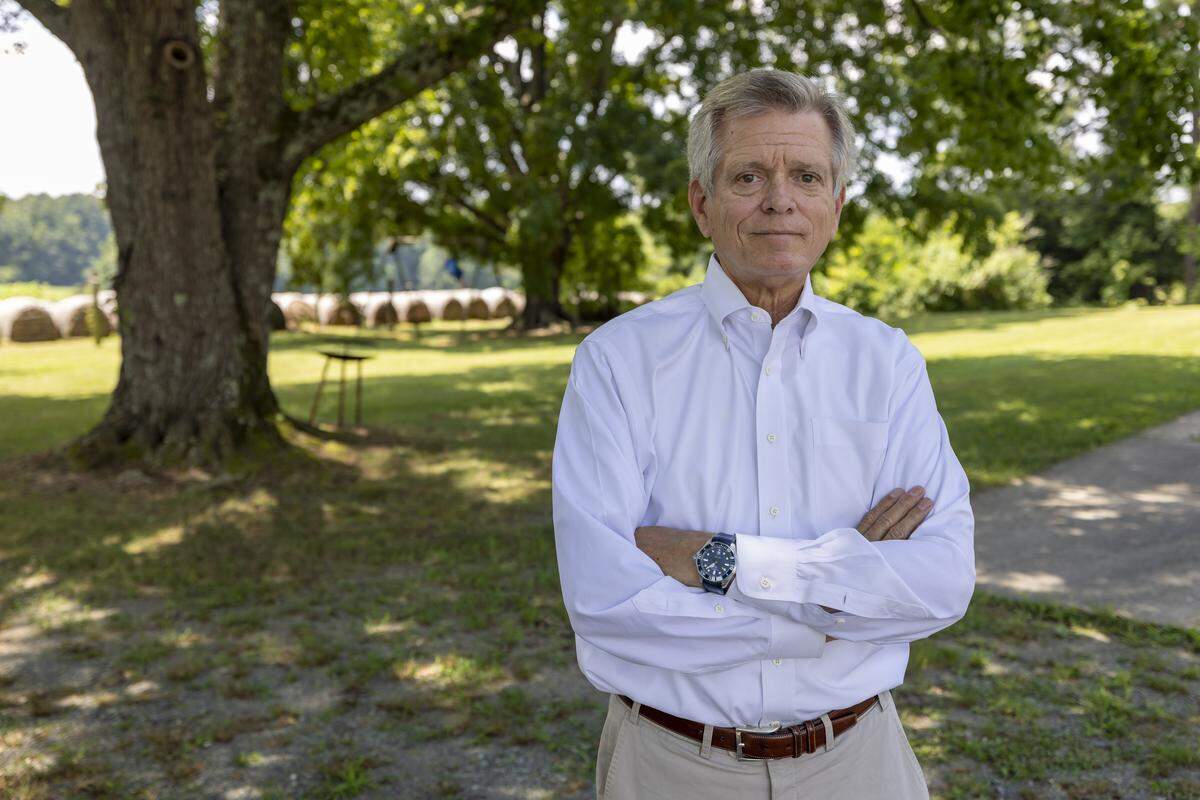 Developer Edward Holmes Jr., photographed on Tuesday, July 29, 2025 at Reeves Farm, a former dairy farm on the west side of downtown Pittsboro, N.C., where he plans to build a mixed-use community. The 1500 planned housing units on the nearly 500 acre tract, will feature homes from 500 square feet to 4,500 square feet.