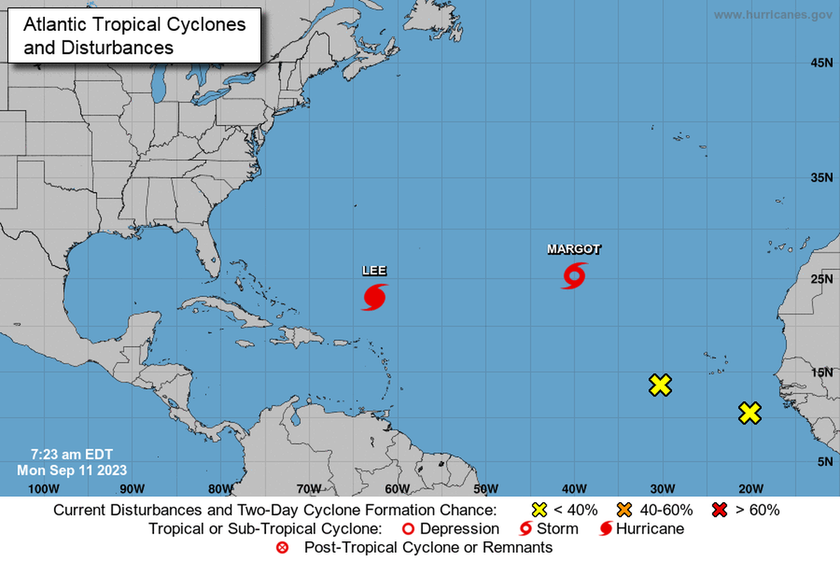 Four storms in the Atlantic have forecasters’ attention: Hurricane Lee, which should turn to the north this week, Margot, which should move to the northeast, and two new systems, one of which could become a tropical depression by the weekend.