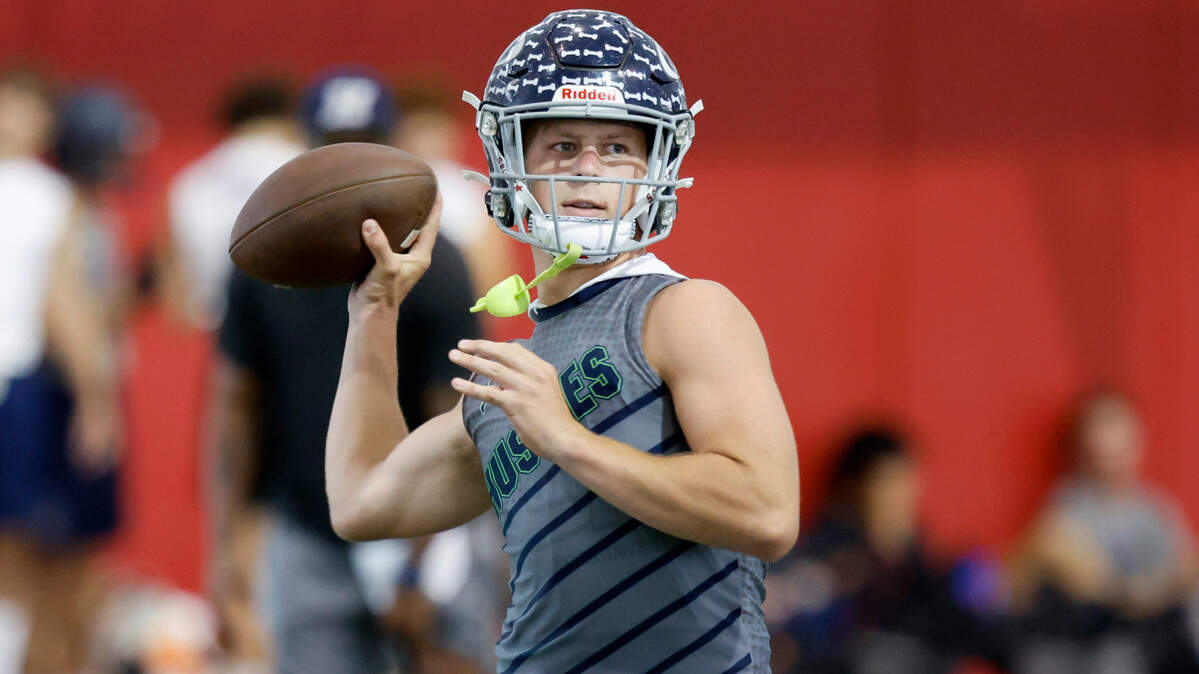Heritage High School’s Lex Thomas participates in 7-on-7 drills at the Close-King Indoor Practice Facility in Raleigh, N.C., on Thursday, June 16, 2022.