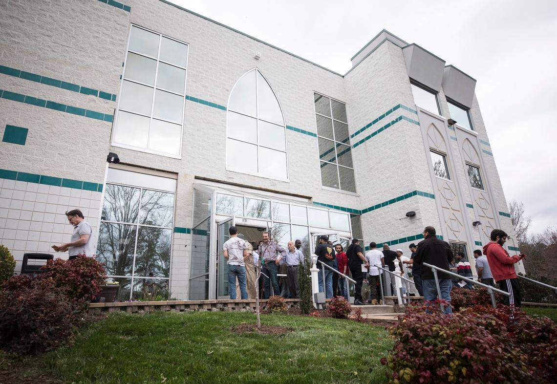 Members of the Islamic Association of Raleigh leave the mosque after a Friday service in March 2019.