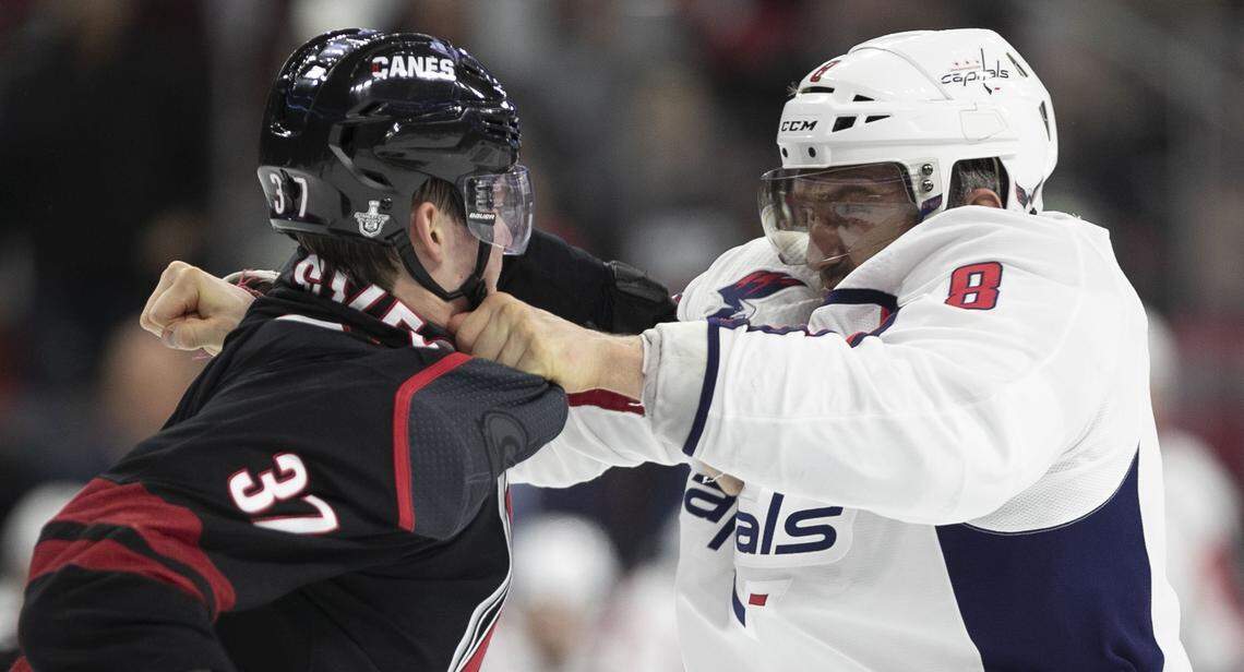 Washington Capital’s Alex Ovechkin (8) fights with Carolina Hurricanes’ Andrei Svechnikov (37) during the first period of their first round Stanley Cup game on Monday, April 15, 2019 at the PNC Arena on Raleigh, N.C.