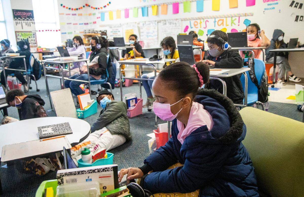 Fifth-graders in a Raleigh classroom in March 2021. North Carolina recommends masking in schools for vaccinated and unvaccinated students and staff.
