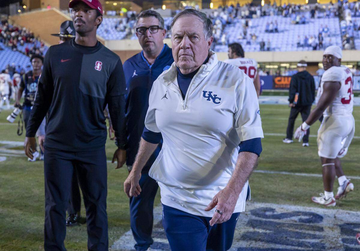 North Carolina coach Bill Belichick leaves the field following the Tar Heels’ 20-15 victory over Stanford on Saturday, November 8, 2025 at Kenan Stadium in Chapel Hill, N.C.