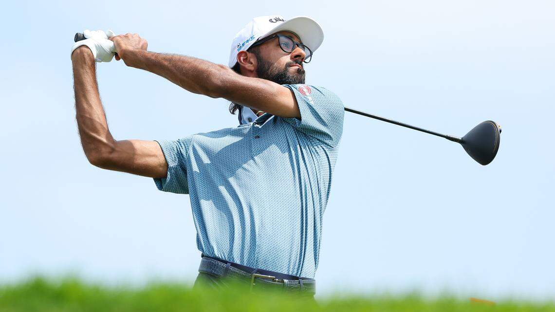 Jul 26, 2024; Blaine, Minnesota, USA; Akshay Bhatia hits his tee shot on the seventh hole during the second round of the 3M Open golf tournament.