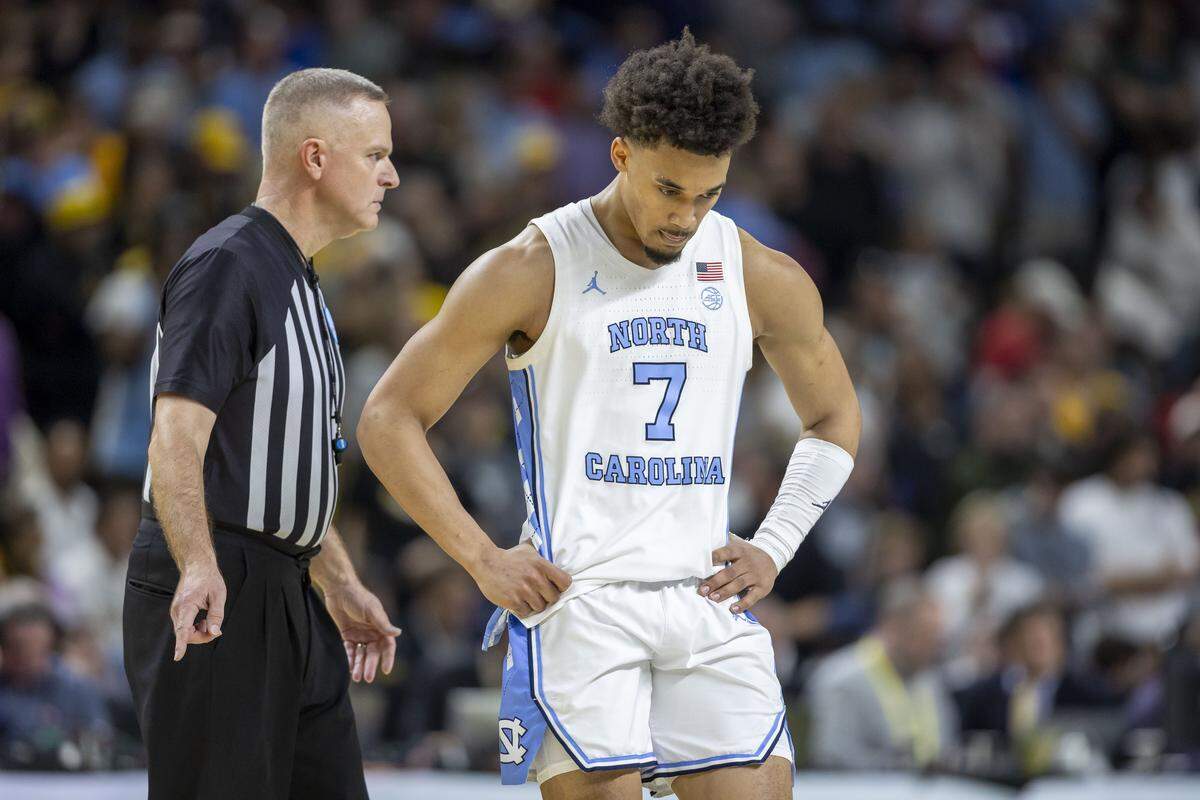 North Carolina guard Seth Trimble (7) reacts after missing a free throw in overtime against VCU on Thursday, March 18, 2026, during the first round of the NCAA Tournament at Bon Secours Arena in Greenville, S.C.
