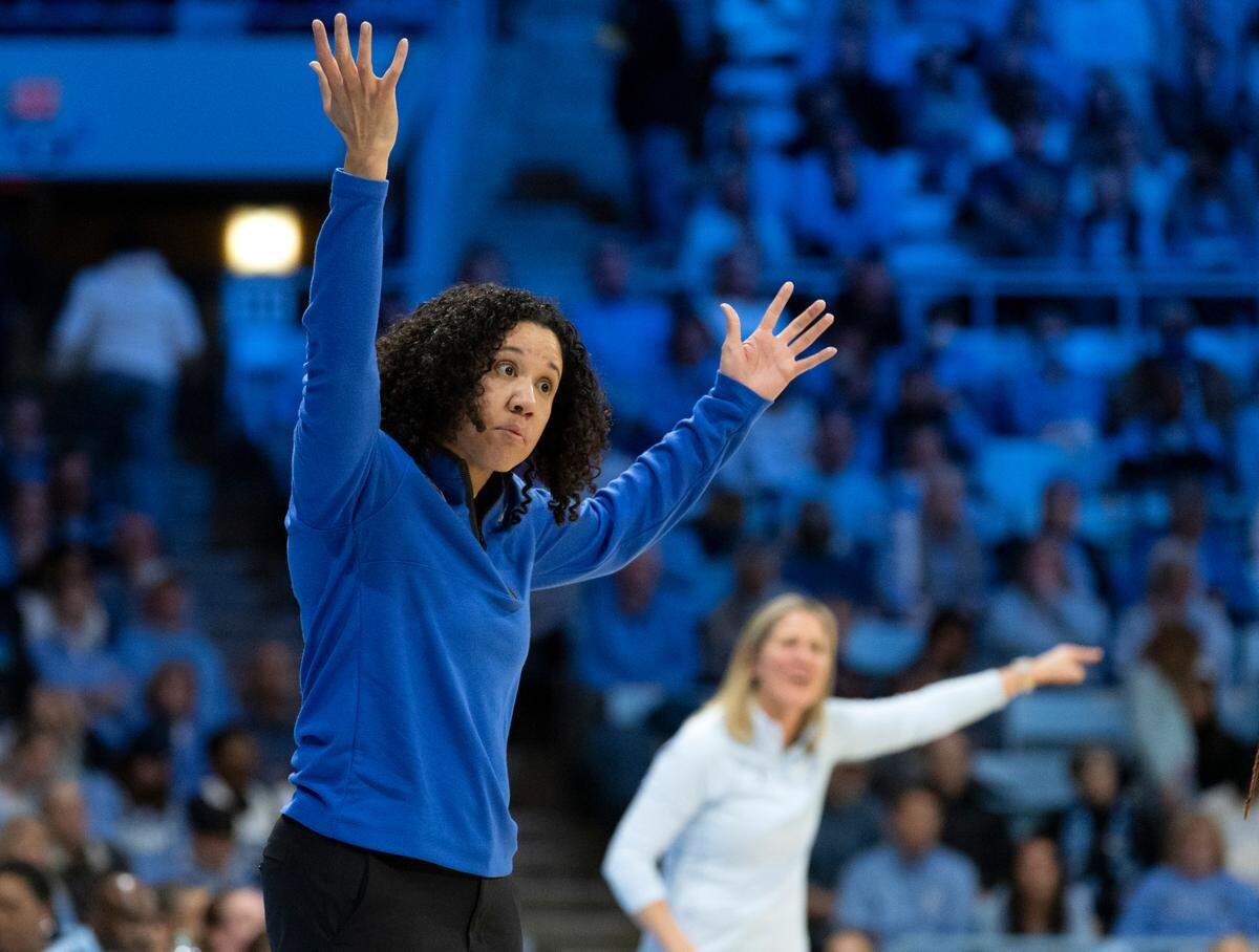 Duke head coach Kara Lawson gestures from the sidelines during the second half of the Blue Devils’ 53-46 overtime loss to North Carolina on Thursday, Jan. 9, 2025, at Carmichael Arena in Chapel Hill, N.C.
