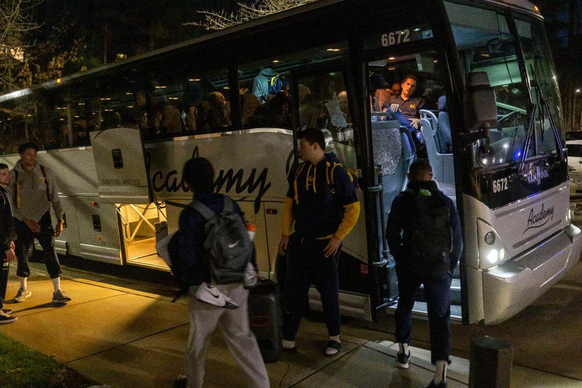 California coach Mark Madsen waits for the rest of his team to board the bus for the hotel, following their practice on the N.C. State campus, on Friday, January 17, 2025 in Raleigh, N.C.