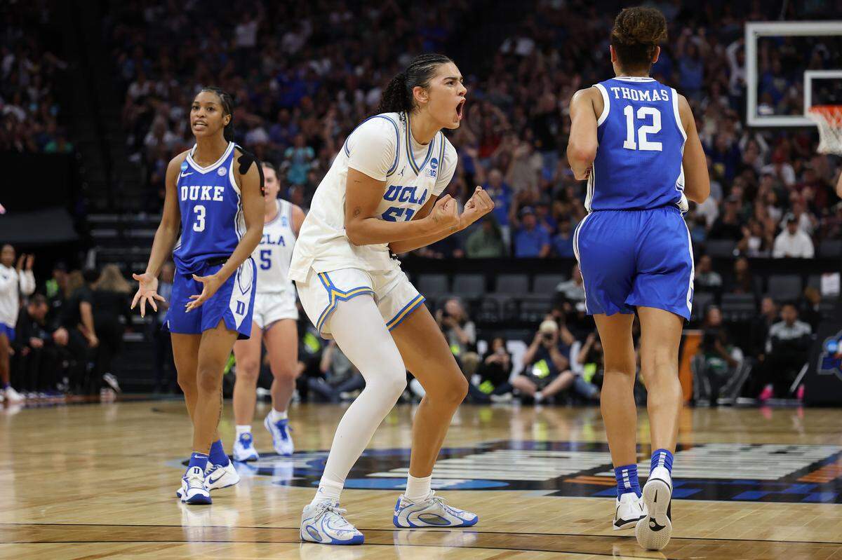 UCLA’s Lauren Betts (51) reacts against Duke during the third quarter of their Elite Eight game at the 2026 NCAA Women’s Basketball Tournament at Golden 1 Center on March 29, 2026 in Sacramento, California.