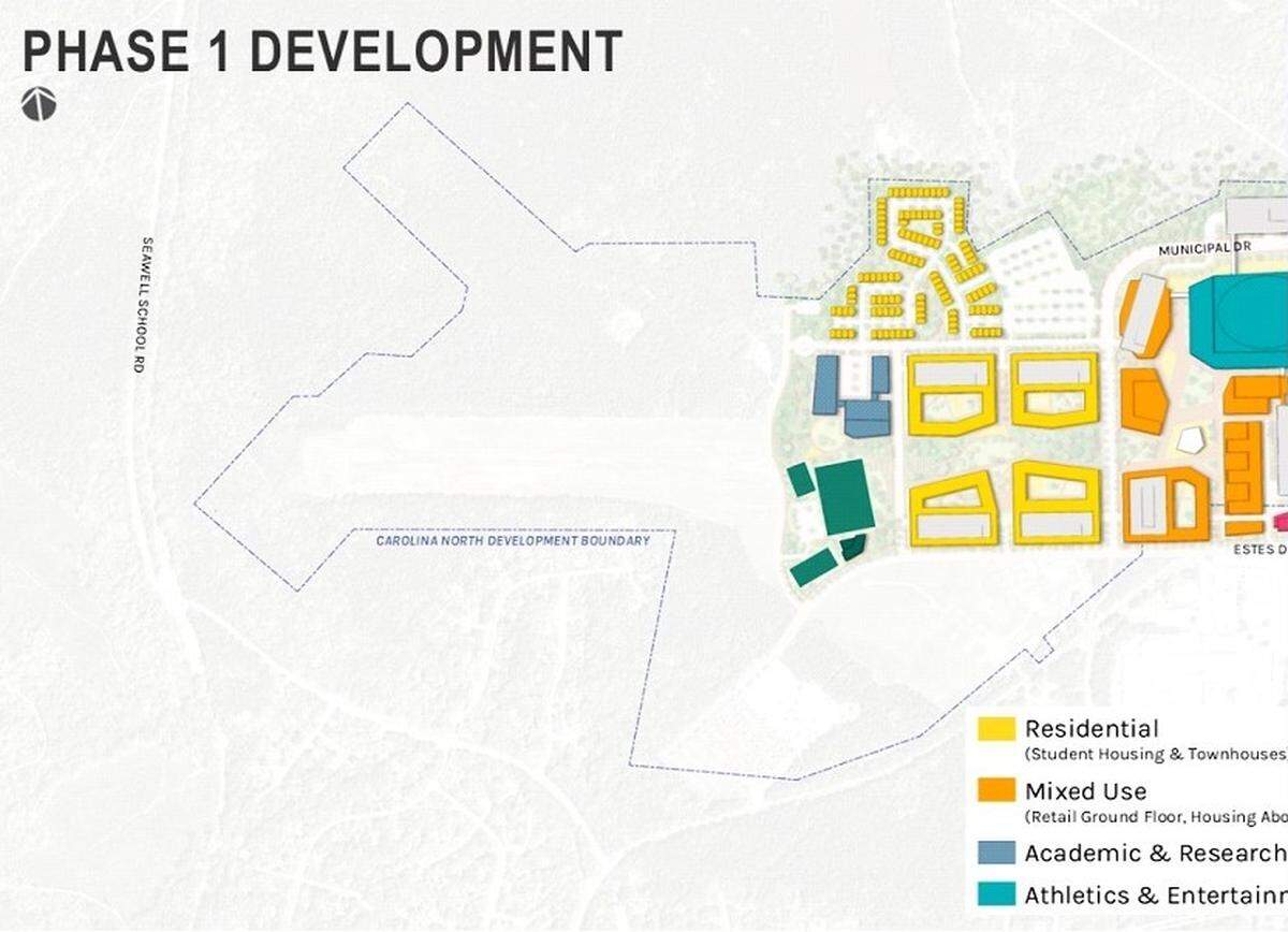 UNC’s Carolina North campus is still being planned, but the university shared this potential site map for the first phase of construction with consultants in 2025 while seeking a development advisory team through the state bidding process.
