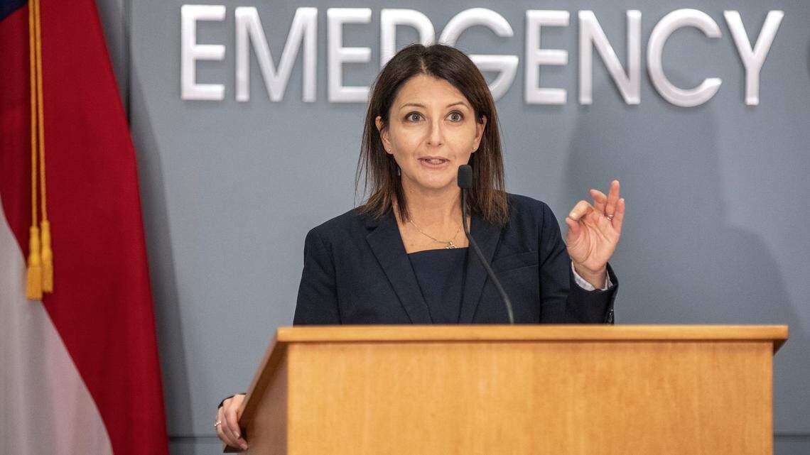 Dr. Mandy Cohen, secretary of the North Carolina Department of Health and Human Services speaks during a briefing on North Carolinaís coronavirus pandemic response at the NC Emergency Operations Center in Raleigh Tuesday, Nov. 30, 2021. Dr. Cohen is stepping down from her job at the end of 2021.