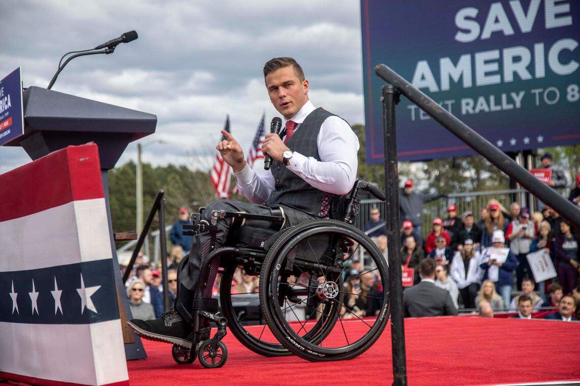 U.S. Rep. Madison Cawthorn speaks at a Trump rally on April 9, 2022, in Selma, North Carolina.