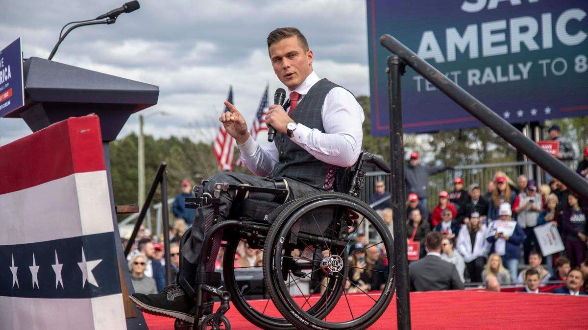 U.S. Rep. Madison Cawthorn speaks at a Trump rally on April 9, 2022, in Selma, North Carolina.
