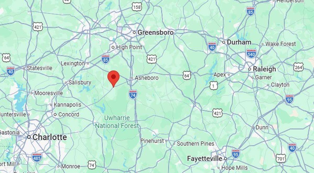 The red marker of the map shows the location of the June 2023 collision between the Garners and Trooper Carson Underwood, at the intersection of Brantley Gordon Road and Old North Carolina Highway 49.