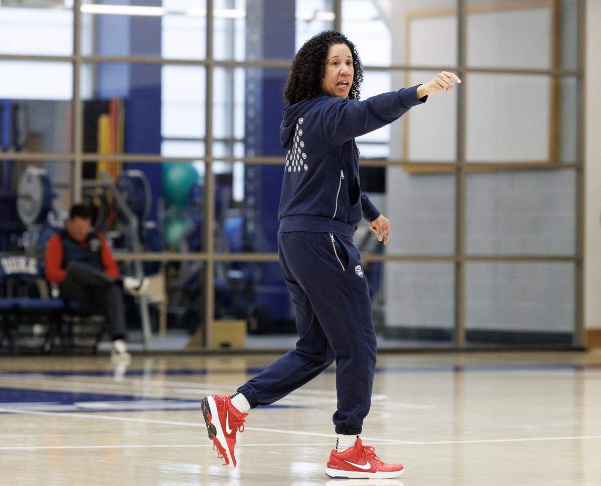 Head coach Kara Lawson gives instructions during USA Basketball Women’s National Team training camp on Friday, Dec. 12, 2025, in Durham, N.C.