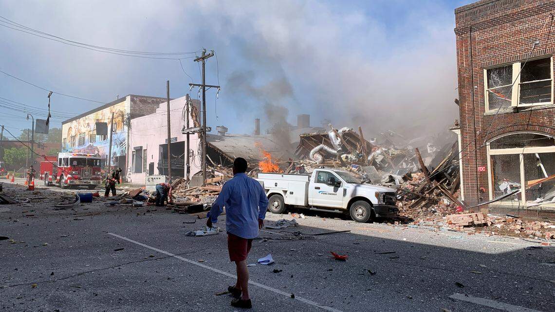 The scene in downtown Durham, NC moments after a gas explosion that killed at least one and injured several Wednesday morning, April 10, 2019.