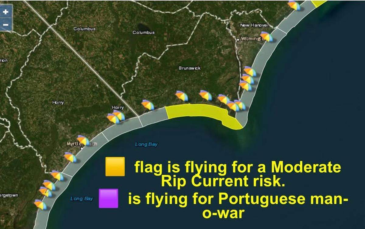 Officials in N.C. beach communities use the colored flag system to alert visitors to potential threats. As of May 23, 2025, much of the coast shows a heightened risk of dangerous rip currents, and Portugese man-of-wars have been washing up on shore.