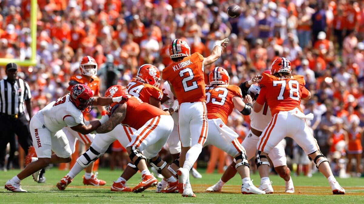 Clemson quarterback Cade Klubnik (2) has time to  throw during the first half of N.C. State’s game against Clemson at Memorial Stadium in Clemson, S.C., Saturday, Sept. 21, 2024.